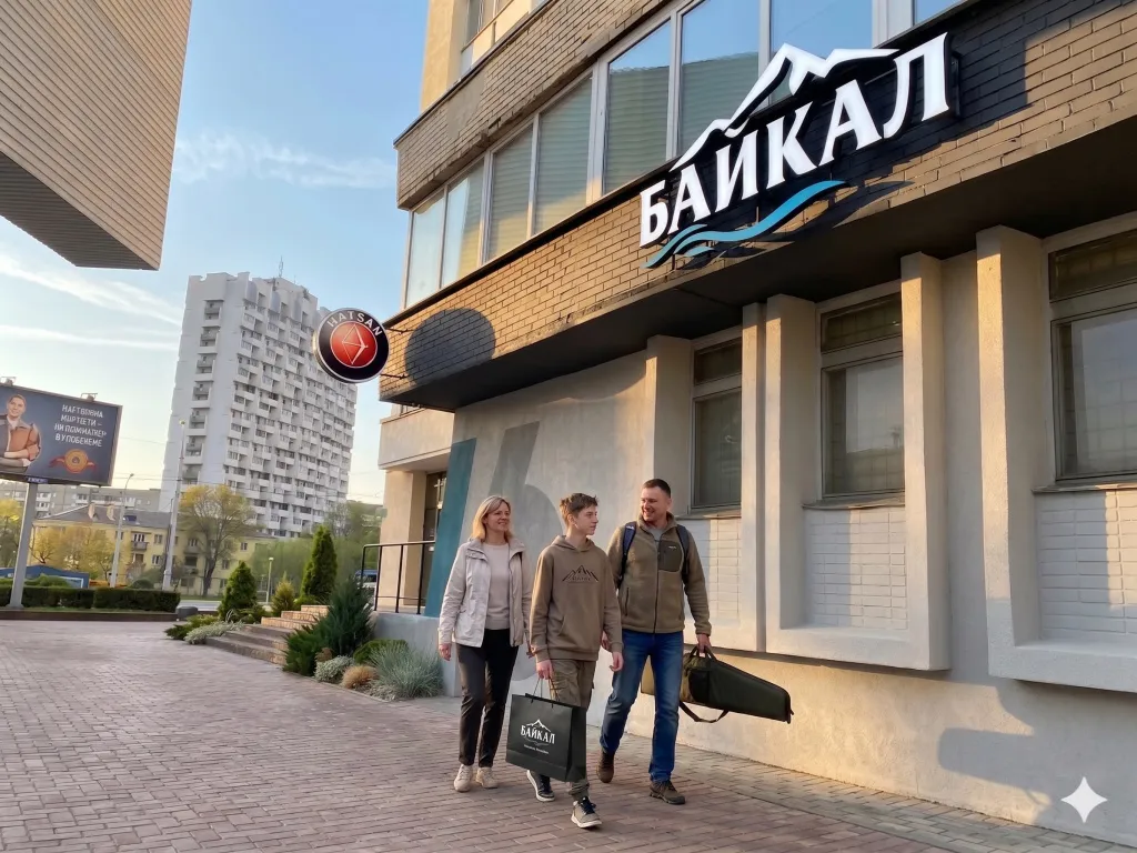 Главный вход и витрины оружейного магазина Байкал в центре Минска — экспертный центр пневматического оружия и официальный дистрибьютор Hatsan в Беларуси.